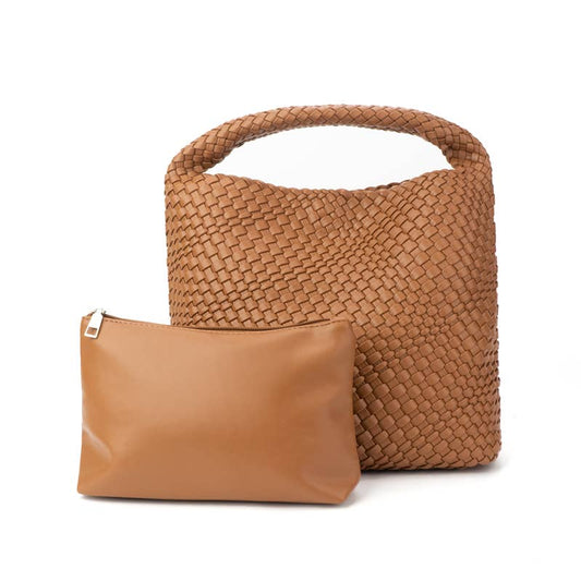 The Willow | Large Woven Vegan Leather Tote with Pouch Bag: Brown