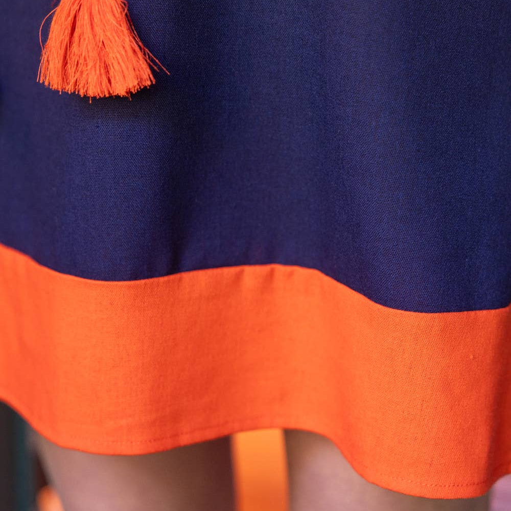 Navy Tassle V-Neck Embroidery Detailed Shift Dress