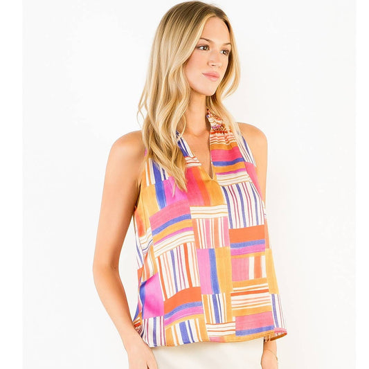 Sleeveless Ruffled Neck Pattern Top