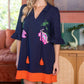 Navy Tassle V-Neck Embroidery Detailed Shift Dress