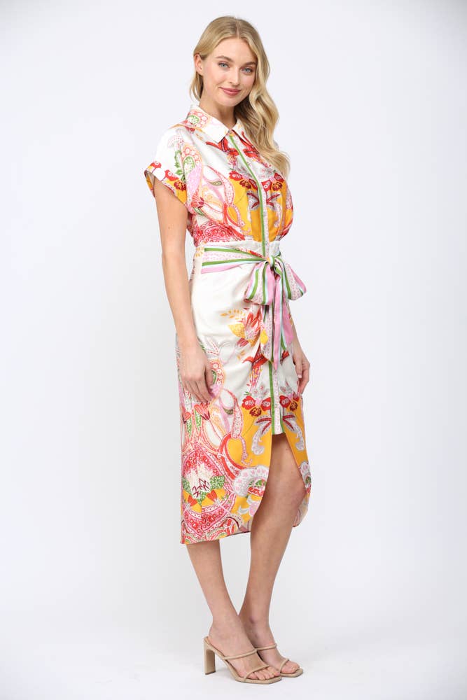 BOTANIC SCARF PRINT SELF TIE WAIST BUTTON DOWN DRESS