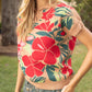 Collared V-Neck Over Shoulder Floral Print Knit Top