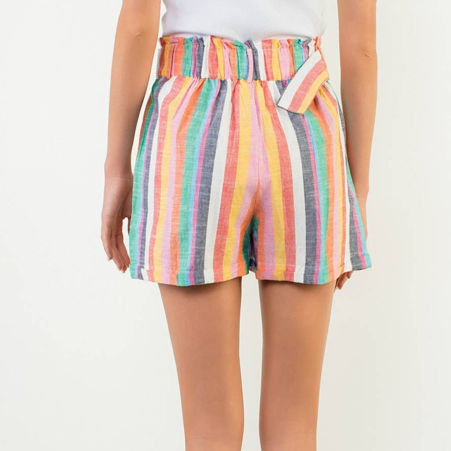 Pink Multicolor High Waist Stripe Shorts with Waist Tie