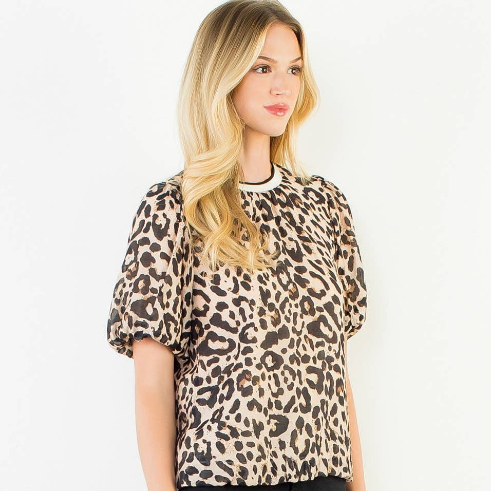 Flowy Puff Sleeve Animal Print Top