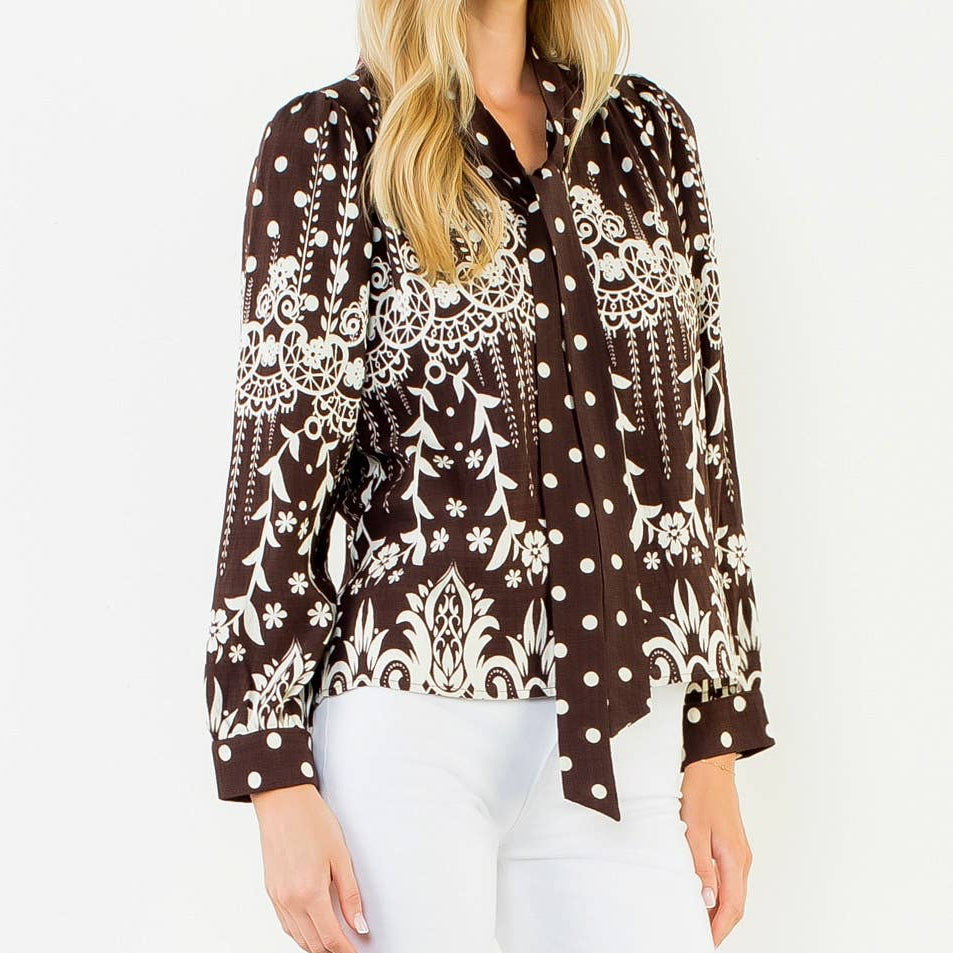 Tie Neck Long Sleeve Pattern Detail Top