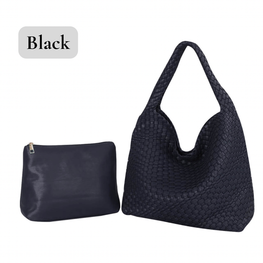 The Willow | Large Woven Vegan Leather Tote with Pouch Bag: Black