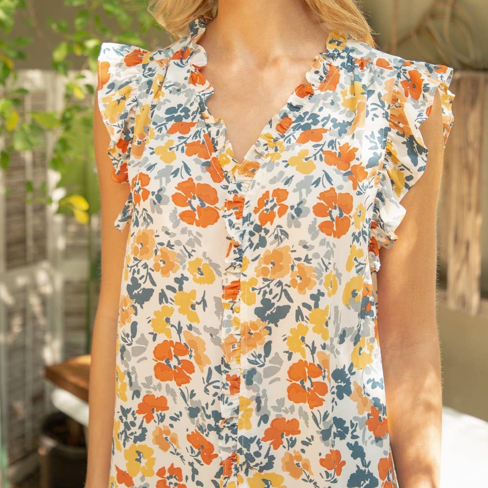 Ruffle Neck Mustard Floral Top