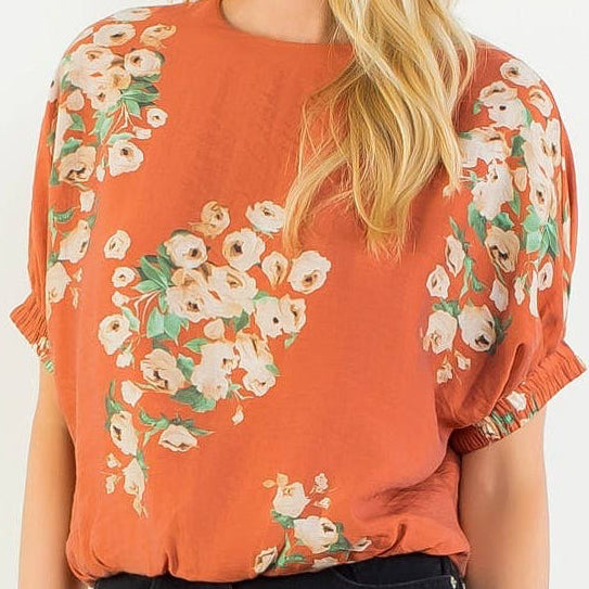 Orange Short Sleeve Loose Floral Top