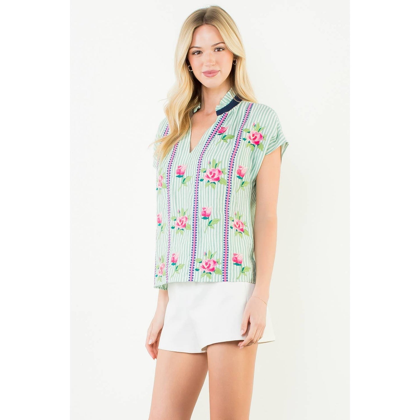 Embroidered Stripe V-Neck Top