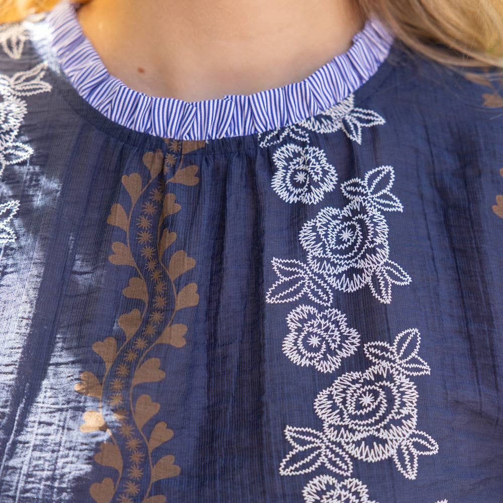 Navy Stripe Ruffle Detail Floral Printed Top