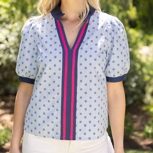Blue Stripe Placket Embroidered Detail Stripe Top