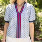 Blue Stripe Placket Embroidered Detail Stripe Top