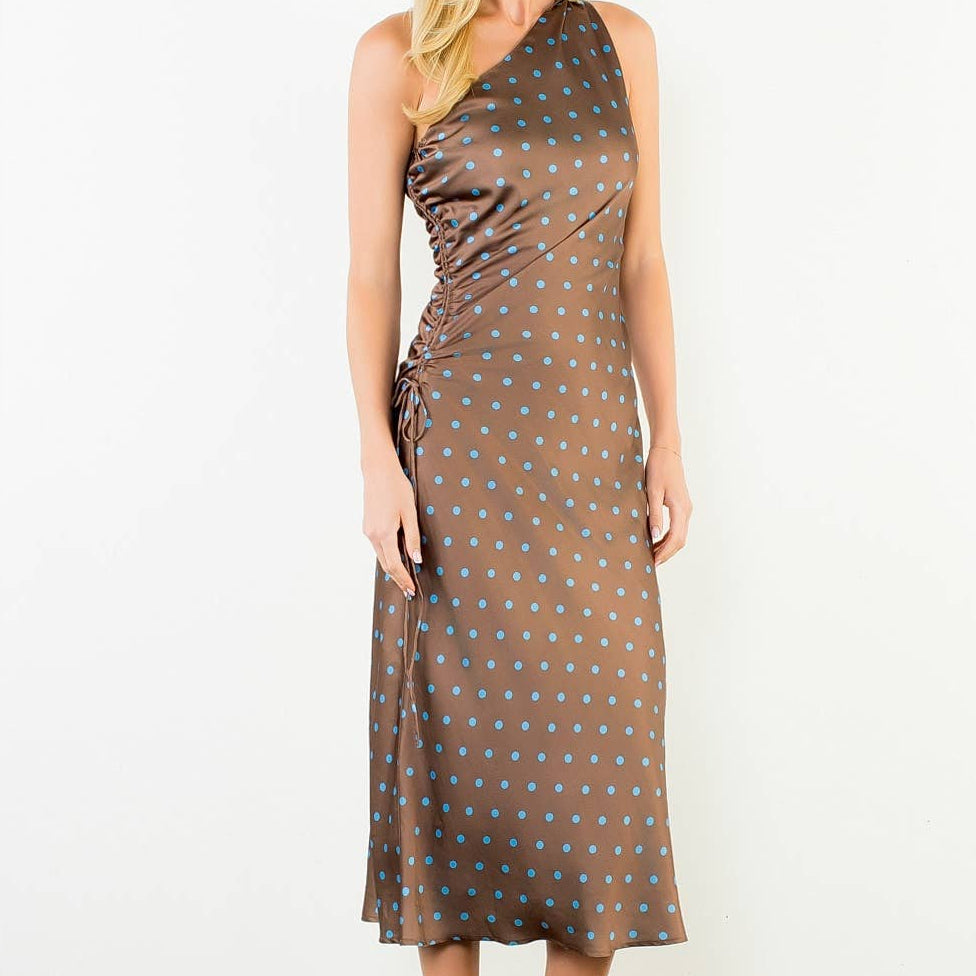 One Shoulder Polka Dot Dress With Cinched Side