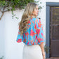 Blue Puff Sleeve Flowy Flower Blouse