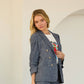 Denim-Look Double-Breasted Blazer with Ruched Sleeves