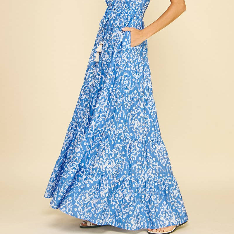Damask Print Tiered Maxi Dress with Tassel Tie