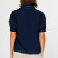 Navy 3D Floral Short Sleeve Button Down Blouse