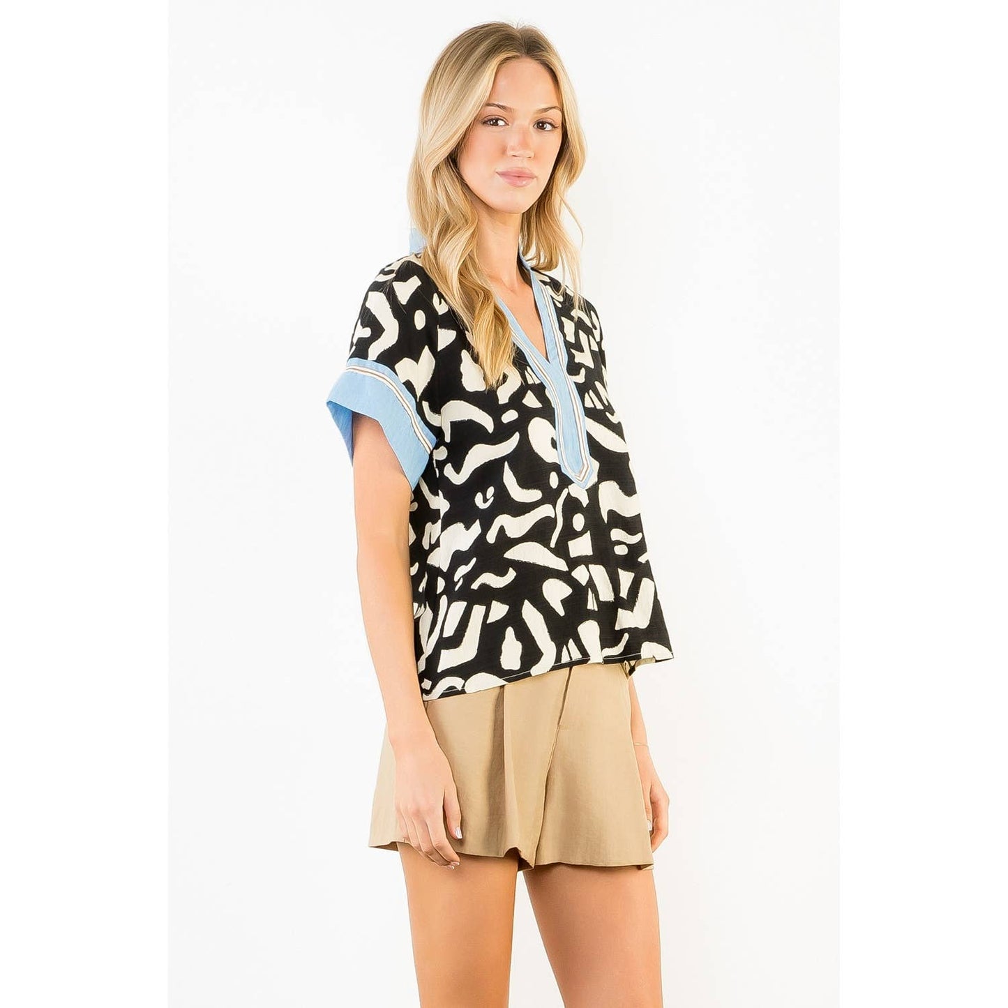 Abstract Print Top with Blue Trim