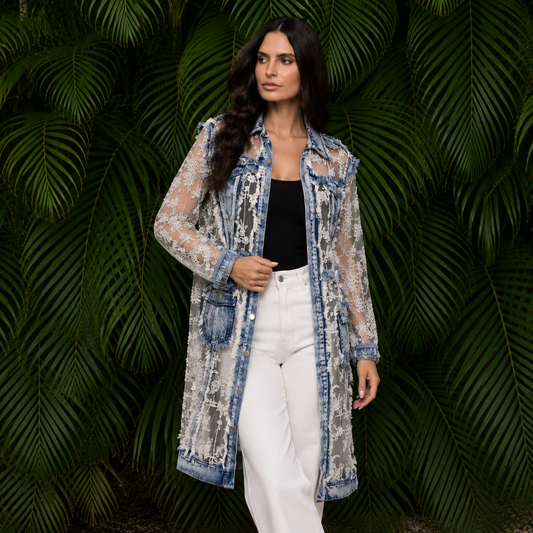 Lace Panel Denim Duster Jacket