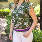 Olive Stripe Ribbed Band Floral Print and Embroidered Top