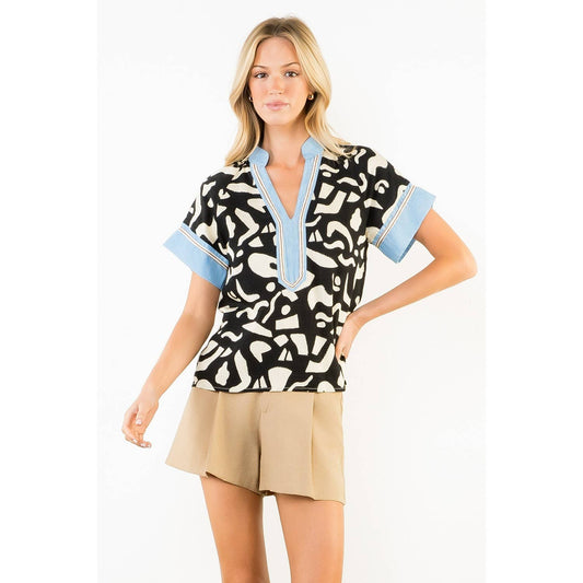 Abstract Print Top with Blue Trim