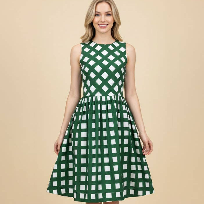 Green Gingham Flare Midi Dress