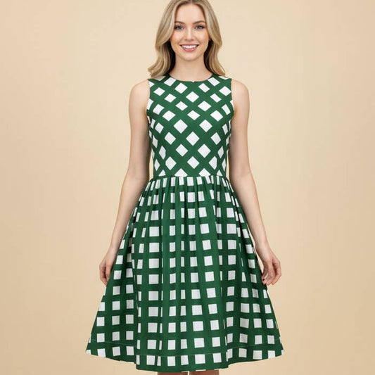 Green Gingham Flare Midi Dress