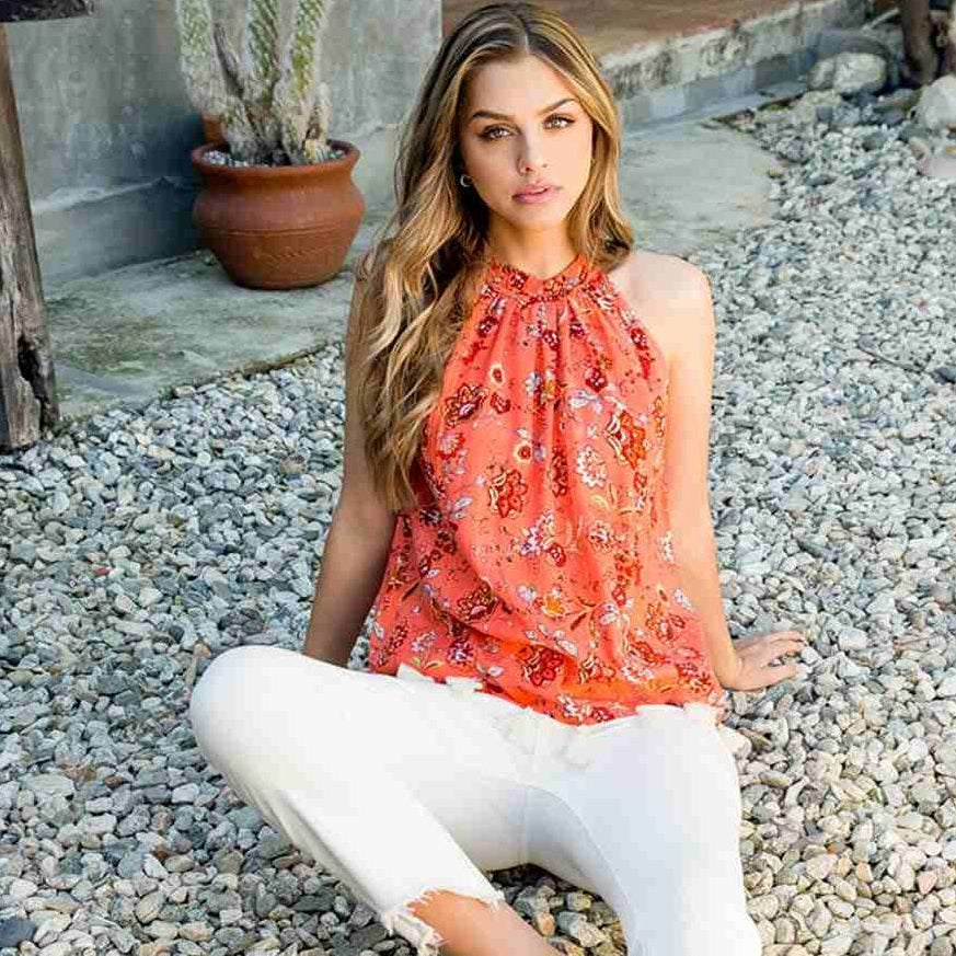 Halter Floral Metallic Stripe Top