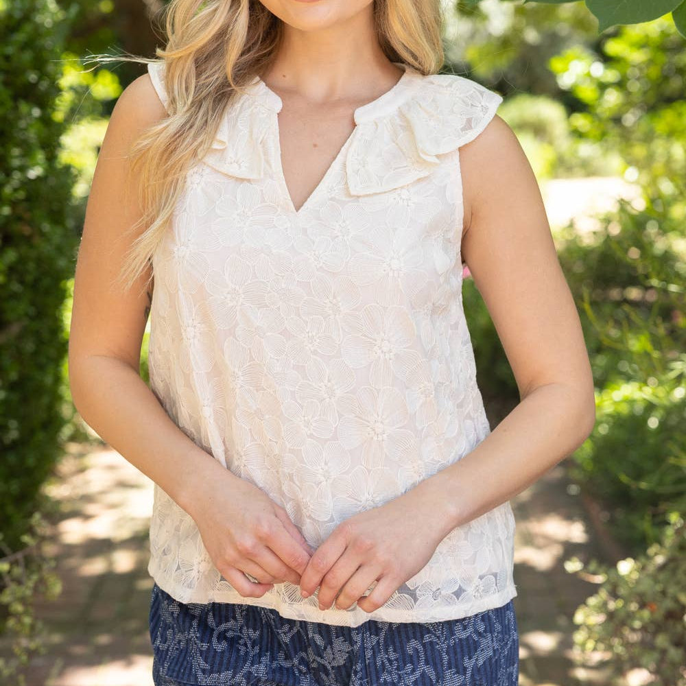 Ivory Sleeveless Ruffled V-Neck Floral Lace Top