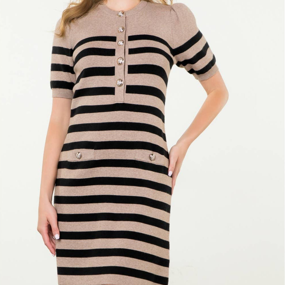 Short Sleeve Striped Taupe Dress