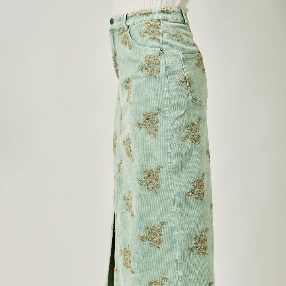 Embroidered Front Slit Corduroy Skirt