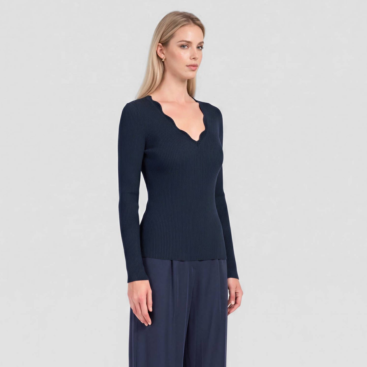 Ribbed Knit Scallop-Neck Top