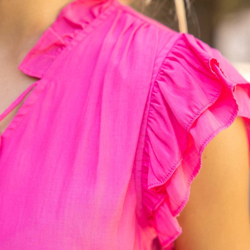 Pink Tassel Front Tie Ruffle Detail Top