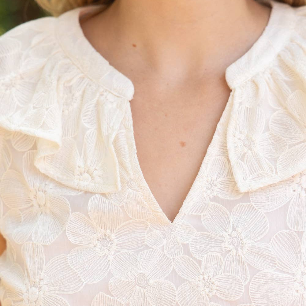 Ivory Sleeveless Ruffled V-Neck Floral Lace Top
