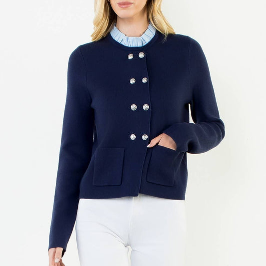 Ruffled Collar Cardigan With Silver Buttons