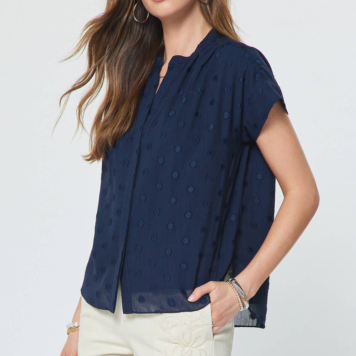 Dot Cap Sleeve Button Up Blouse