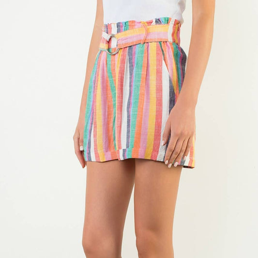Pink Multicolor High Waist Stripe Shorts with Waist Tie