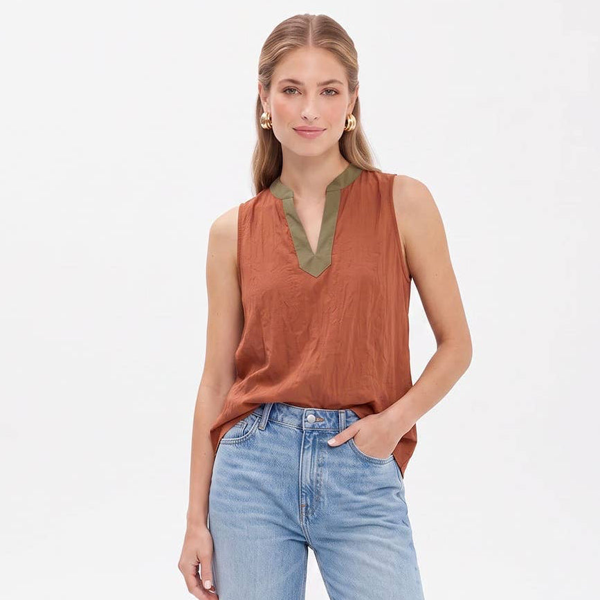 Contrast Trim Split Neck Sleeveless Top