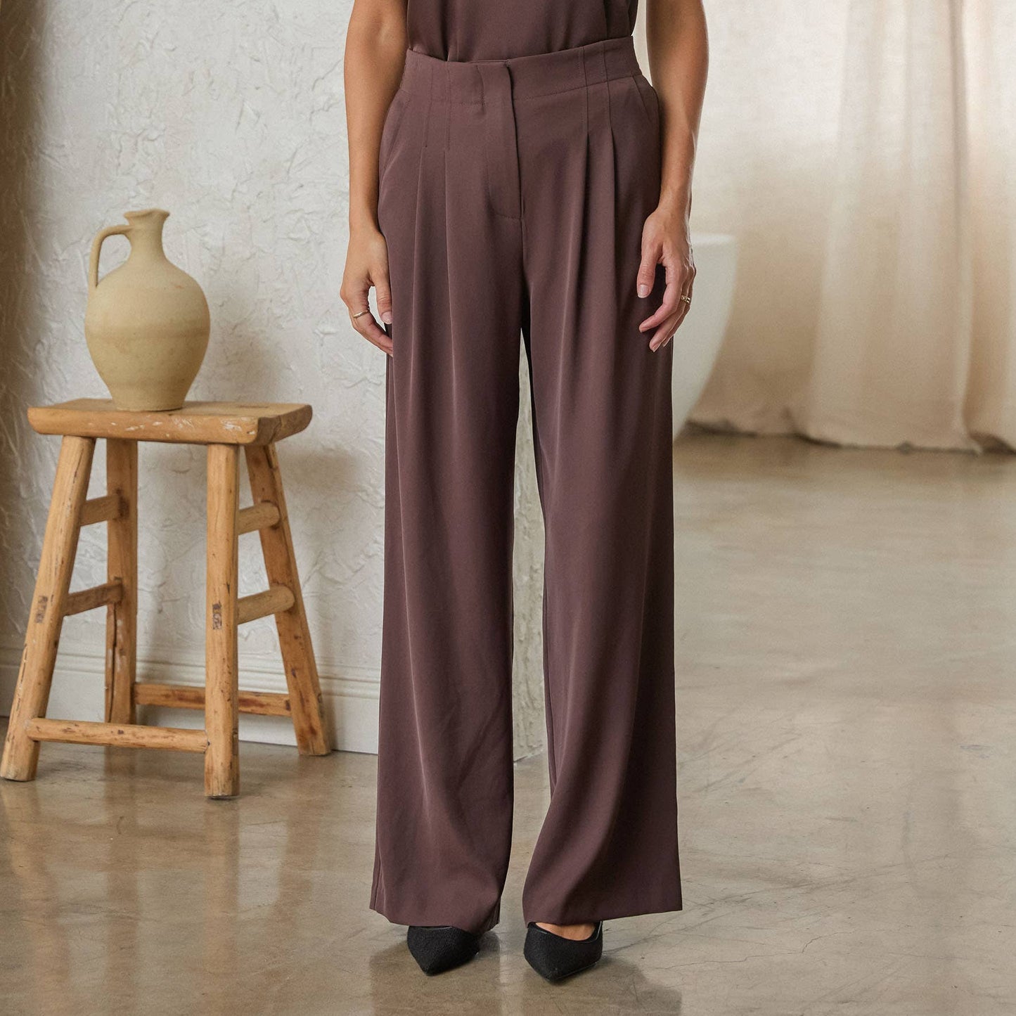 Eco-Friendly Recycled Poly Pleated Wide Leg Pants