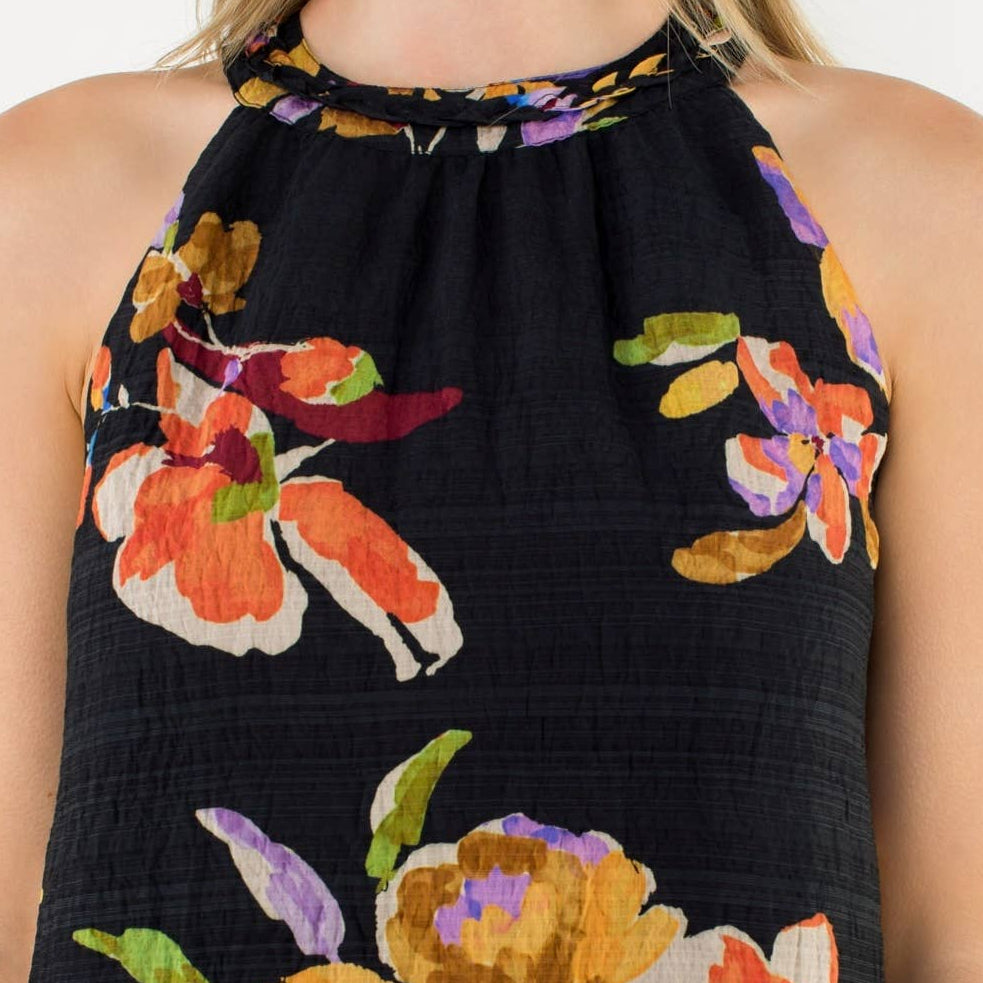 Black Sleeveless Floral Halter Dress