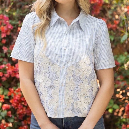 Blue Button Down Stripe Paisley Floral Embroidered Top