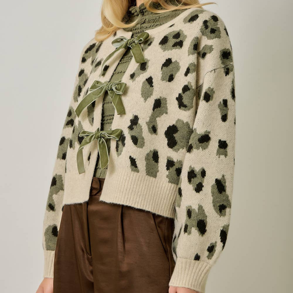 Front Bow Tied Leopard Cardigan