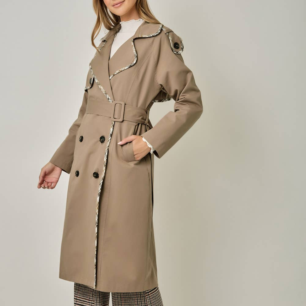 Plaid Trim Midi Trench Coat
