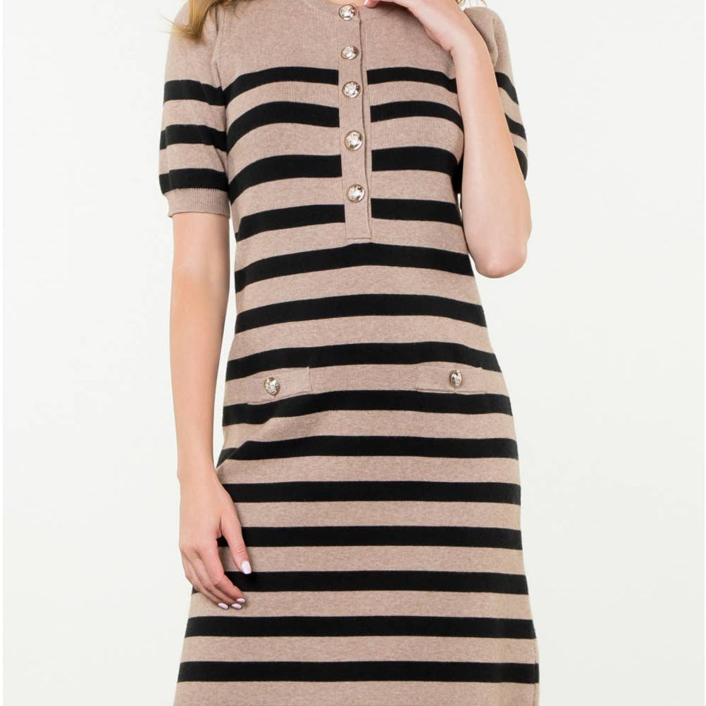 Short Sleeve Striped Taupe Dress
