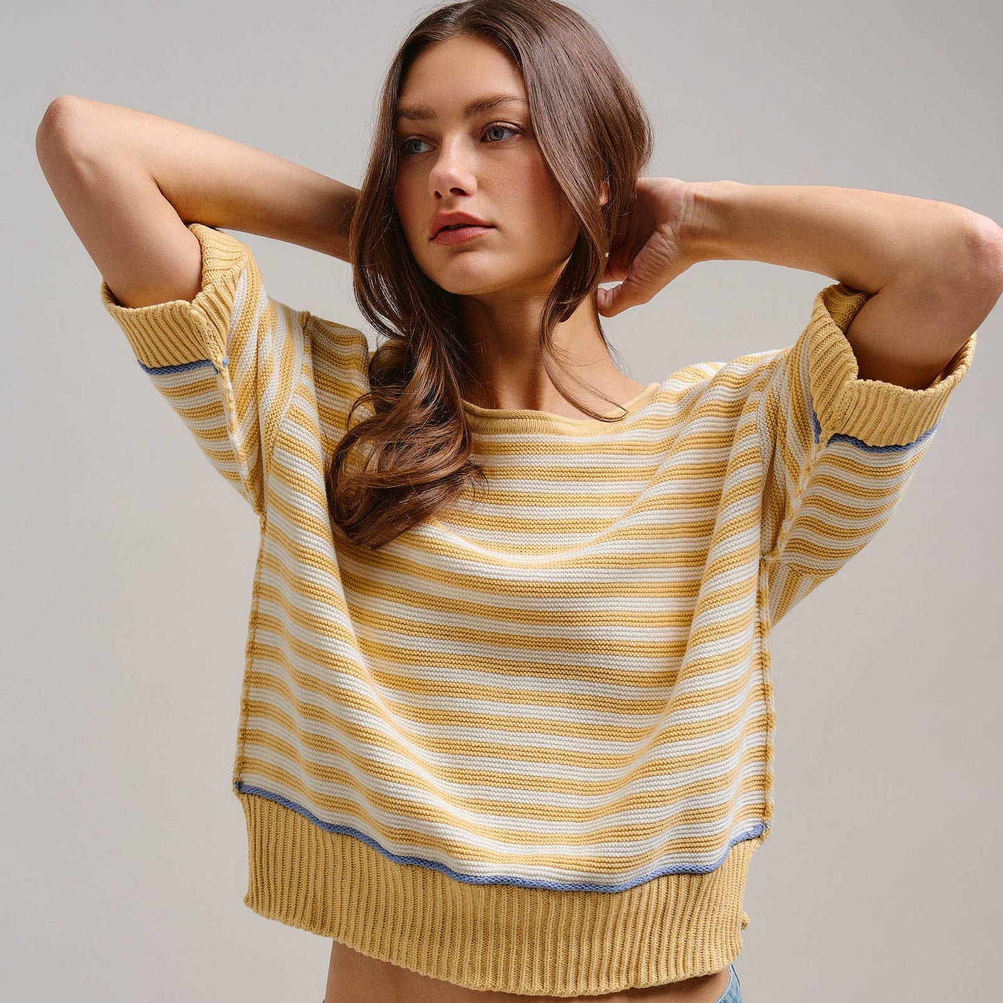 Yellow Striped Contrast Trim Sweater Tee