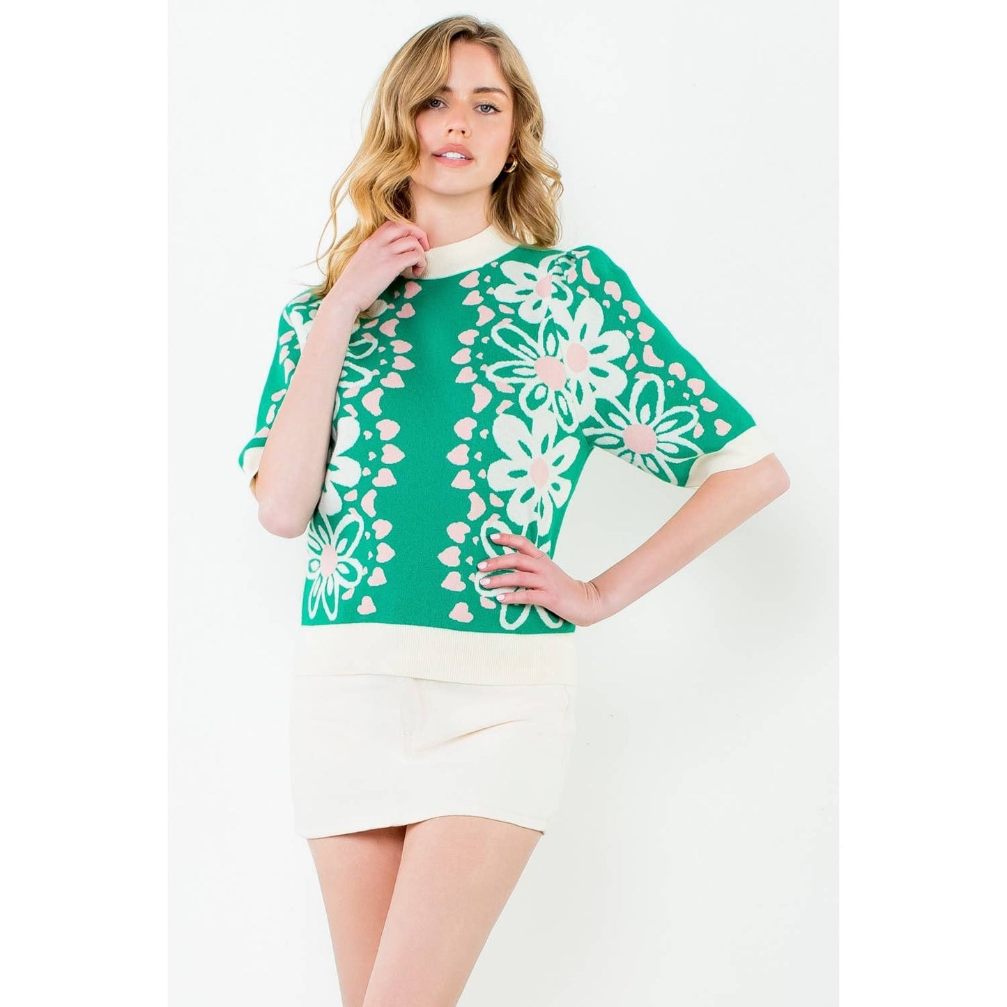 Flower Knit Sweater Top: GREEN / XS