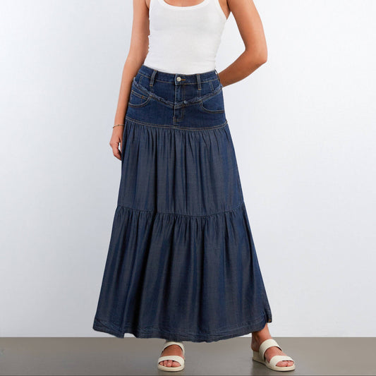 Denim Tiered & Fray Maxi Skirt