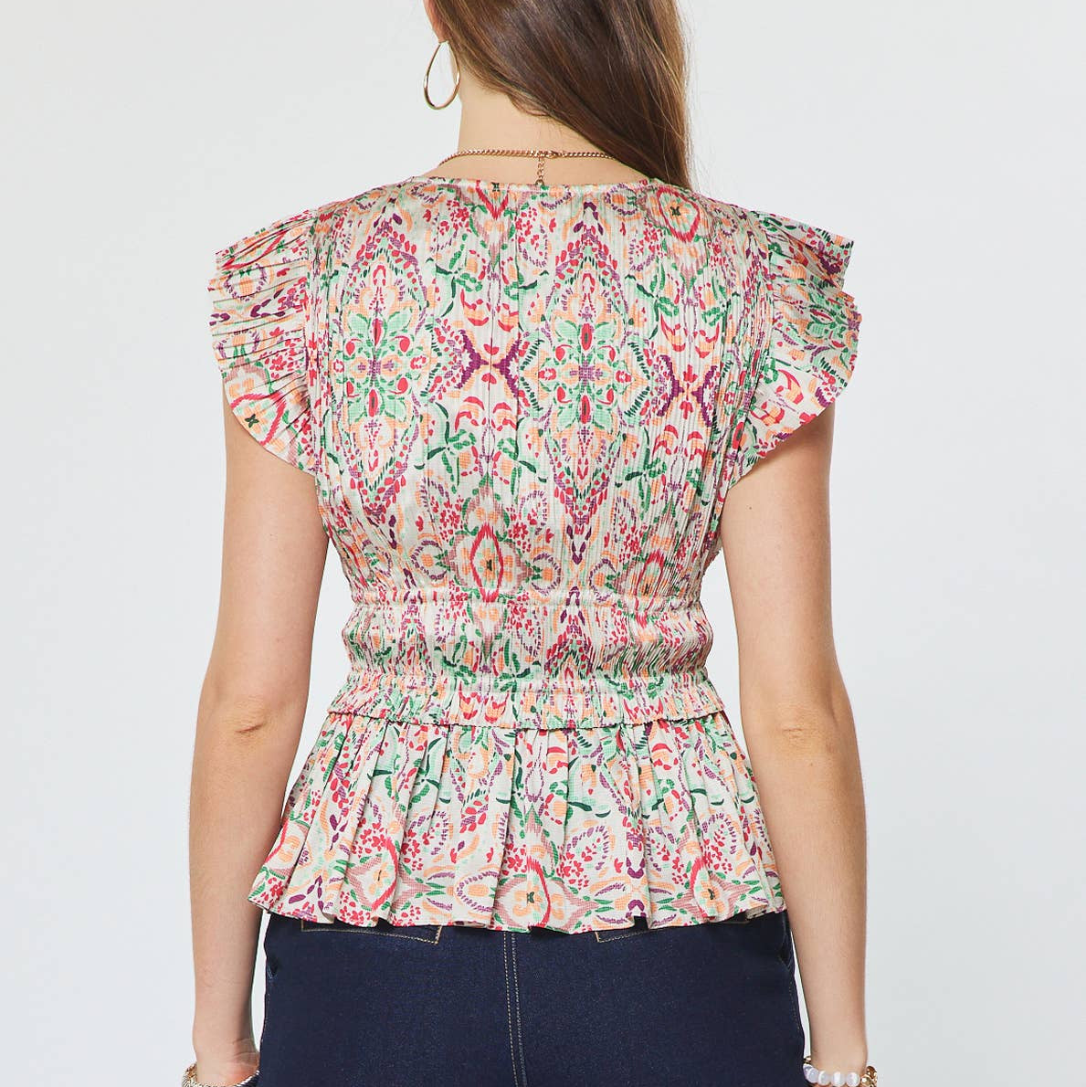 Printed Pleated Peplum V-neck Blouse
