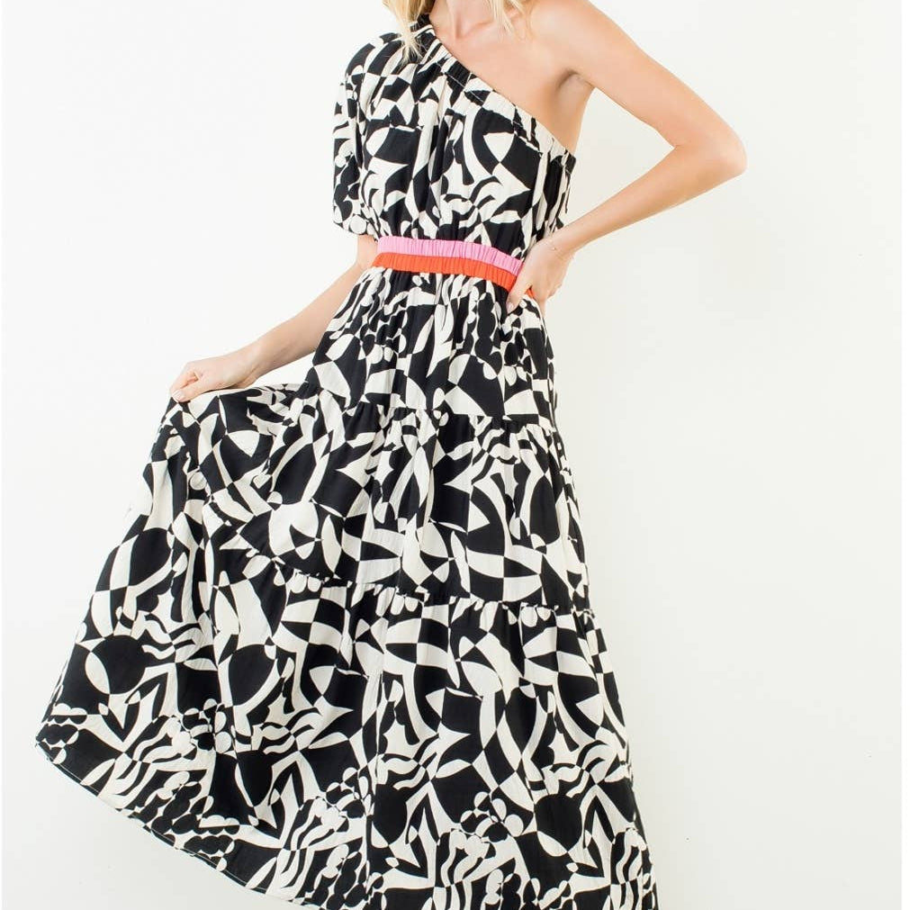 One Shoulder Pattern Detail Maxi Dress