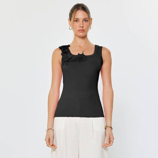 Black Floral Accent Ribbed Tank Top